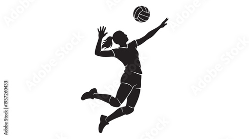 Dynamic silhouette of a female volleyball player jumping to spike the ball during a game, isolated on a white background.