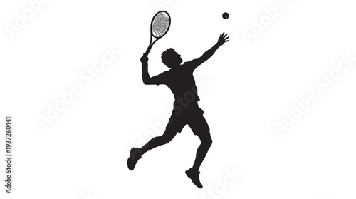 Dynamic silhouette of a male tennis player serving the ball, captured mid-air during a powerful serve on a white background.