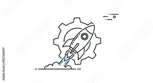 Simple line art illustration of a rocket launching from a gear.
