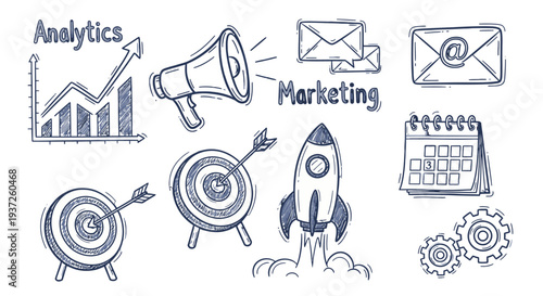 Marketing strategy and analytics doodle icons set.