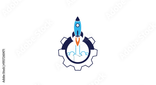 Innovative startup launch concept with rocket and gear.