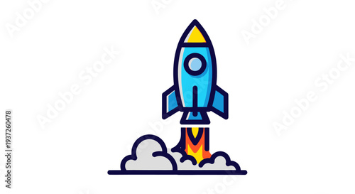 Blue rocket ship launching into the sky with flames.