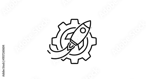 Simple line art illustration of a rocket ship emerging from a gear.