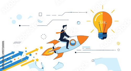 Man in suit riding rocket with lightbulb idea.
