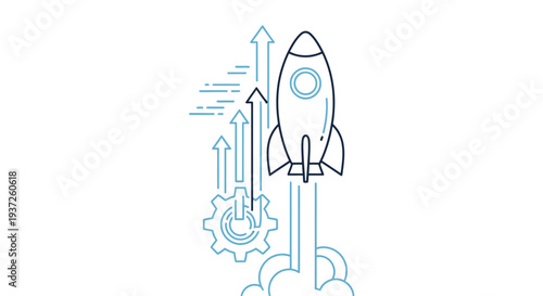 Simple line art illustration of a rocket launching with gear and upward arrows.