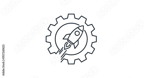 Simple line art illustration of a rocket inside a gear symbolizing innovation and technology.