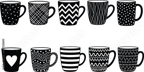 Black and white coffee mugs collection with artistic decorative patterns, polka dots, stripes, zigzags, waves, hearts, modern minimal kitchenware design