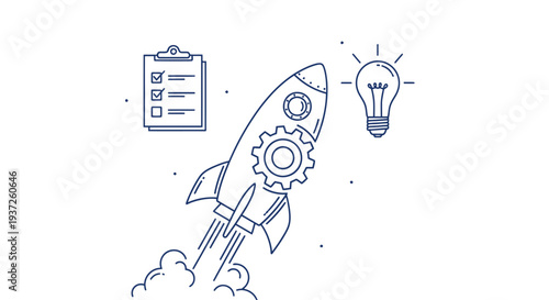 Innovative Business Idea Launching with Rocket and Lightbulb.