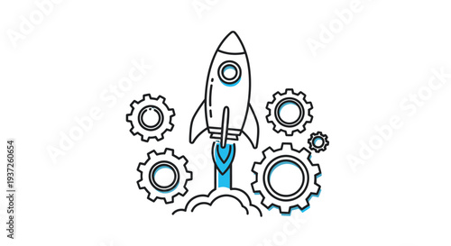 Simple line art illustration of a rocket launch with gears.