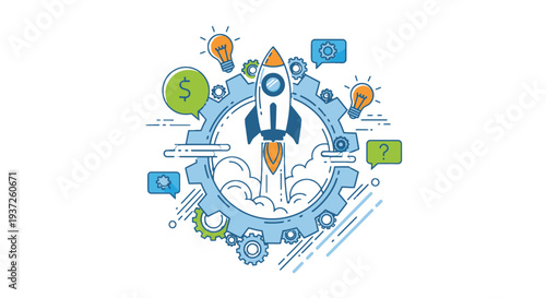 Innovative startup launch concept with rocket and technology icons.
