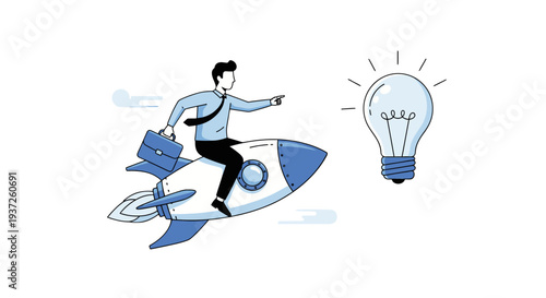Man Riding Rocket with Light Bulb Symbolizing Innovation and Progress.