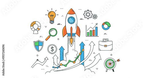 Business growth and success concept with rocket launch illustration.