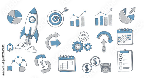 Hand-drawn business and finance icons set with rocket, charts, gears, calendar, and money symbols, representing growth, strategy, and project management.