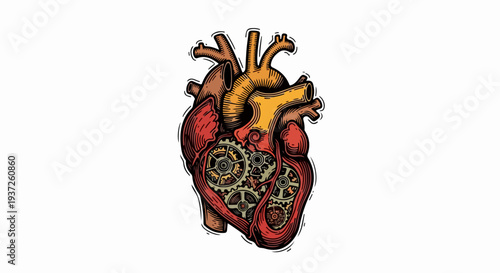 Anatomical human heart with internal gears line art illustration isolated on light gray background