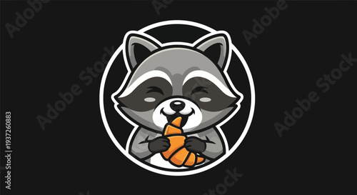 Cartoon raccoon enjoying pastry on black