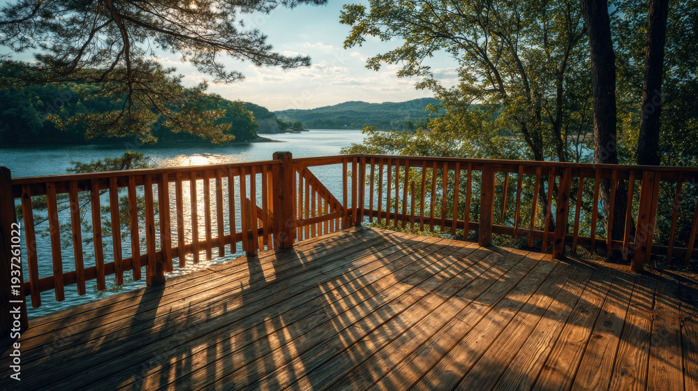 Obraz premium Scenic wooden deck overlooking tranquil lake, surrounded by lush trees and mountains, capturing serene nature ambiance and inviting outdoor relaxation