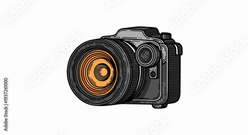 Three quarter view mirrorless camera with large lens line art illustration isolated on light gray background