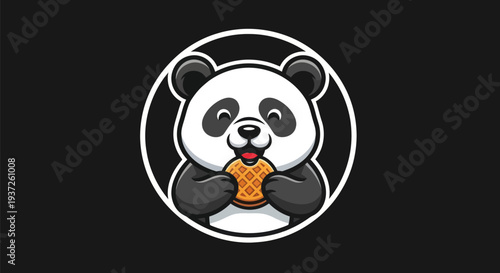Cartoon panda with waffle on black background
