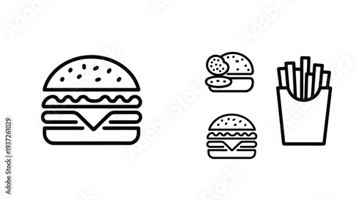 American food outline icon set with burger, hot dog, fries and classic diner meal symbols minimal collection