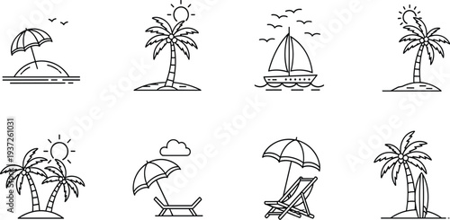 Minimalist Tropical Vacation Line Art Icon Set featuring Palm Trees, Sailboats, and Beach Umbrellas