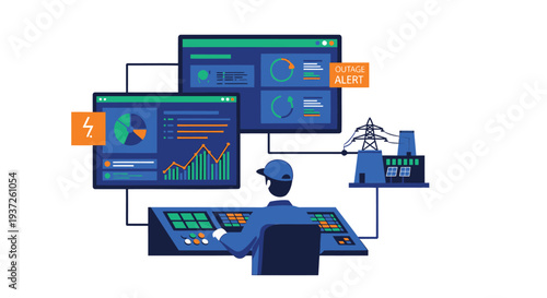 Vector illustration of industrial control room operator with monitoring screens