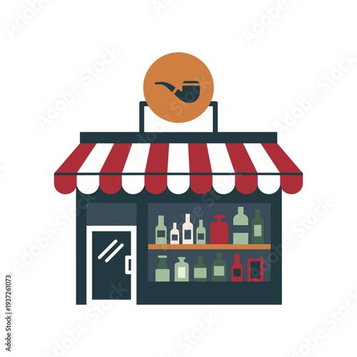 Barber shop storefront with striped awning and scissors logo illustration