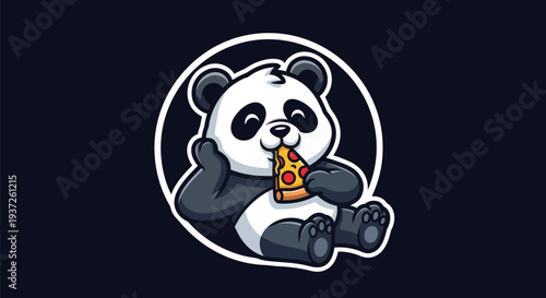 Cartoon panda eating pizza on dark background
