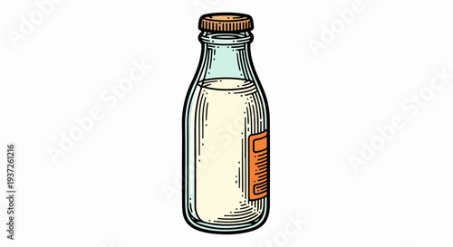 Glass milk bottle with cap and partial label illustration