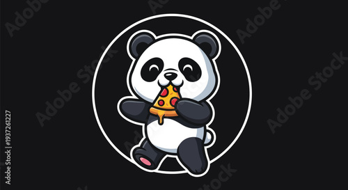 Cartoon panda eating pizza on black