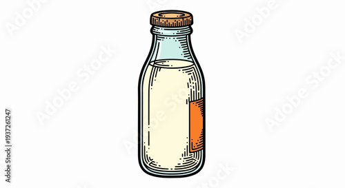 Tall glass milk bottle front view engraving illustration