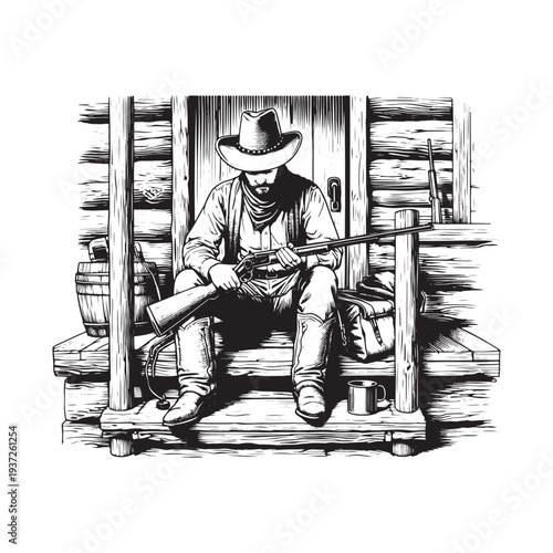 Cowboy sitting on a porch, whittling a piece of wood, in a serene rural setting.