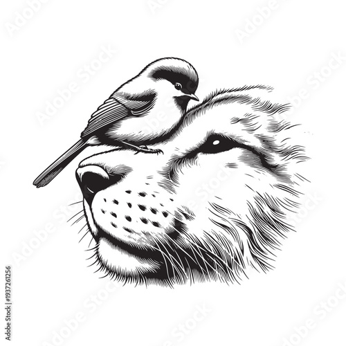 A bird perched on the nose of a lion in a sketch drawing.