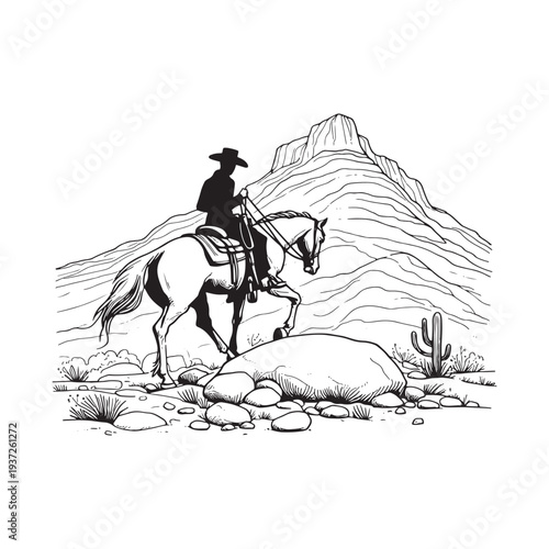 Cowboy riding horse through rocky desert terrain with mountainous backdrop.