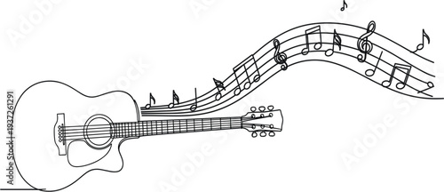 Minimalist Continuous Line Drawing of Acoustic Guitar with Flowing Musical Staff and Notes