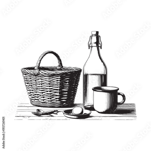 A serene picnic setup with a wicker basket and vintage bottle.