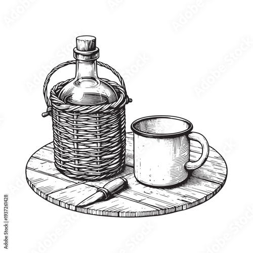 A bottle in a wicker basket with a mug on a wooden tray.