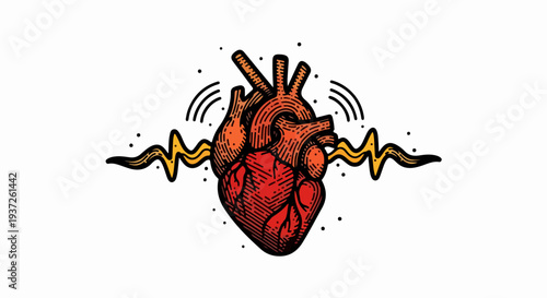 Anatomical heart with heartbeat waveform illustration