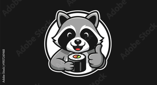 Cartoon raccoon holding sushi roll