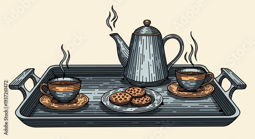 Tea set on serving tray with teapot two cups and cookies
