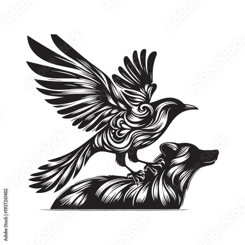 A bird in flight, soaring above a resting dog in a stylized black and white illustration.