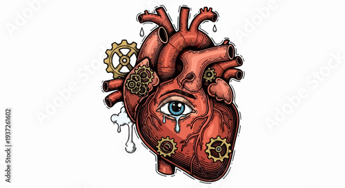 Anatomical heart with eye tears and gears illustration