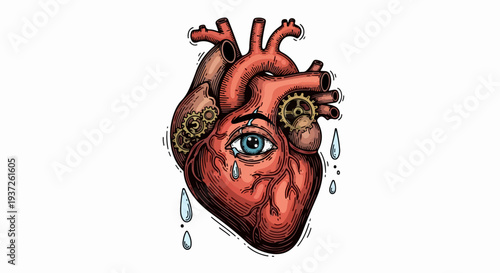 Anatomical heart with central eye gears and falling drops