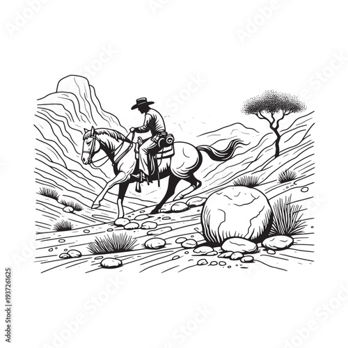 A cowboy rides a horse through a rocky terrain with mountains and trees.