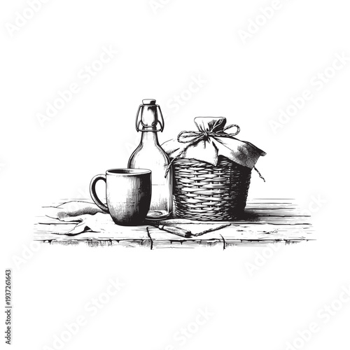 A vintage picnic setup with a wicker basket and old-fashioned bottle.