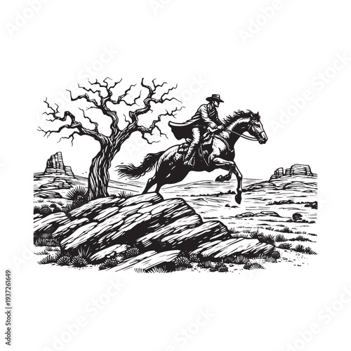 A lone horseman rides over a wooden bridge in a desolate landscape.