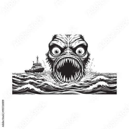 A monstrous sea creature emerges from the ocean to attack a ship.