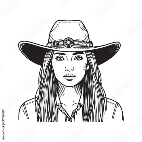 Illustration of a woman wearing a wide-brimmed hat and collared shirt.