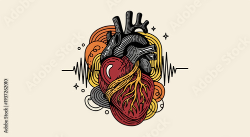 Anatomical heart with pulse waveform and abstract circular elements