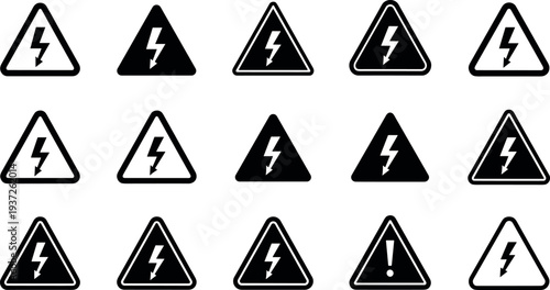 Electric hazard warning icons collection, lightning bolt danger symbols, high voltage caution signs vector set