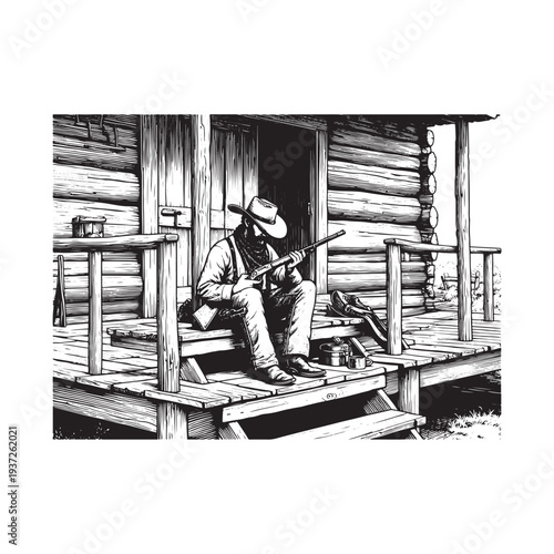 Man sitting on a porch playing a stringed instrument in a serene rural setting.